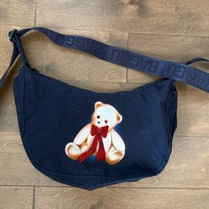 BAGGU UO Exclusive Medium Nylon Navy Crescent Bag with Teddy Bear